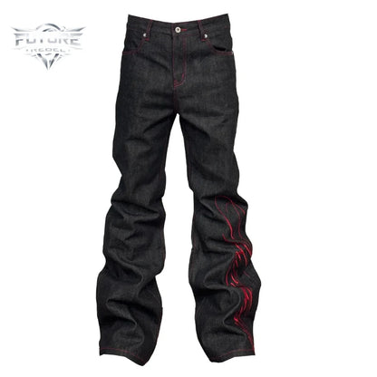 Mens Jeans Tattoo Letter Embroidery Black Red Denim Pants Harajuku Unisex Straight Leg Slight Flare