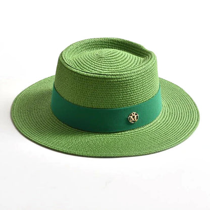 Women's Straw Sun Hat Flat Brim Ribbon Beach Hat