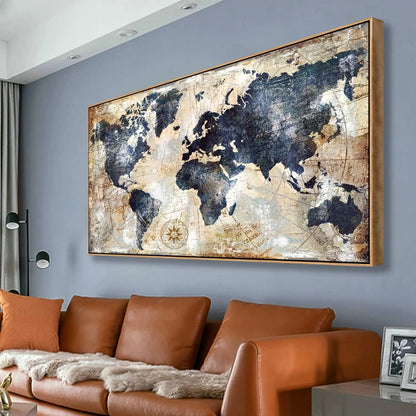 World Map Canvas Wall Art – Vintage Nautical Map Print for Home & Office Decor