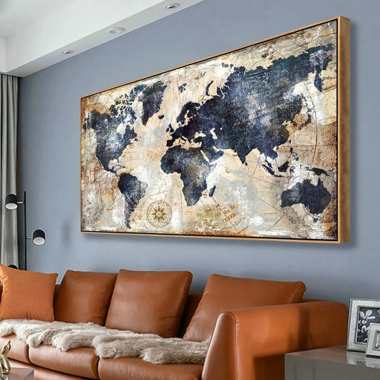 World Map Canvas Wall Art – Vintage Nautical Map Print for Home & Office Decor