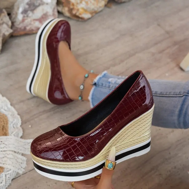 Round Toe Wedge Heels – Women's Patent Leather Pumps