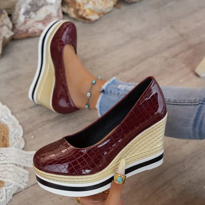 Round Toe Wedge Heels – Women's Patent Leather Pumps
