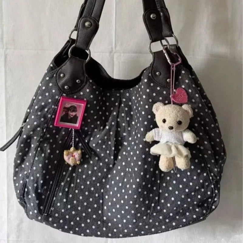 Harajuku Retro Polka Dot Tote Bag Women Black Wrinkle