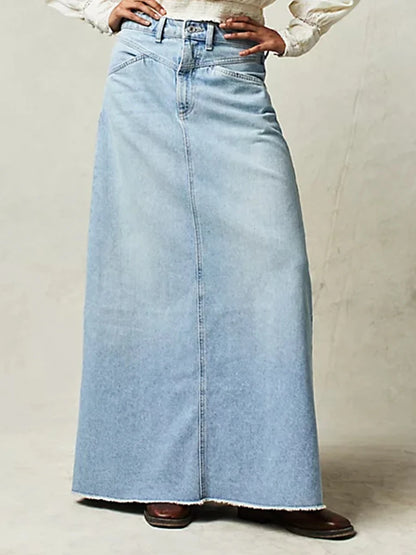 Y2K Vintage Denim Maxi Skirt – Women's A-Line Frayed Hem Long Jean Skirt