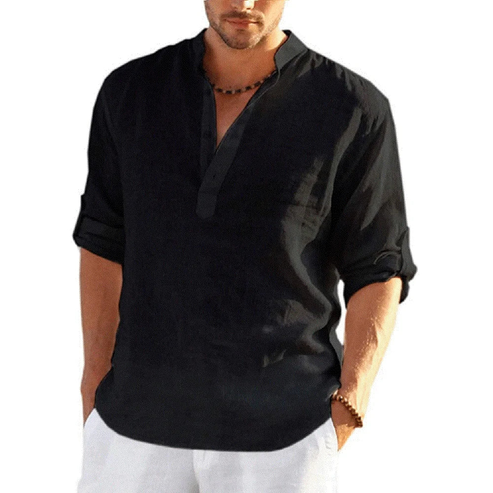 Men's Cotton Linen Long Sleeve Shirt – Casual Loose V-Neck Top S-3XL