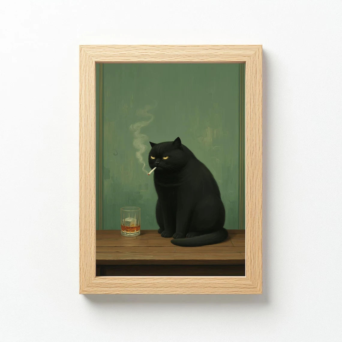 Moody Black Cat Smoking Whiskey Wall Art Canvas Poster