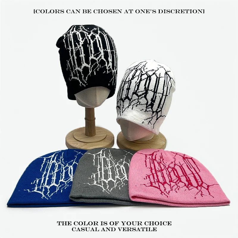 Spider Web Jacquard Beanie Hat – Dark Style Hip Hop Knit Cap