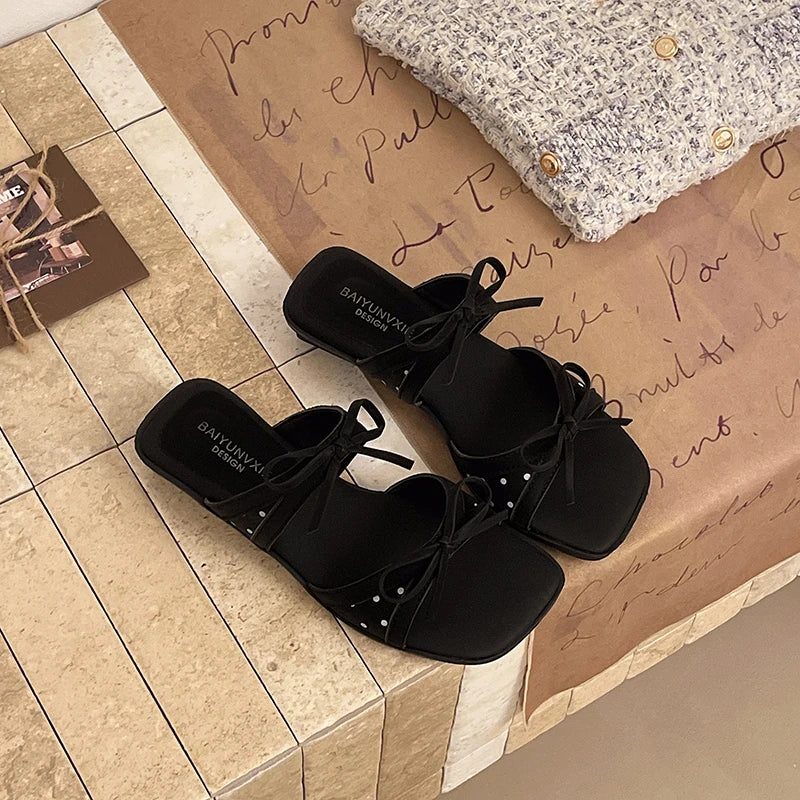 Women's Bow Mule Sandals – Square Toe Breathable Slip-On