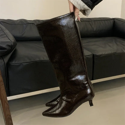 Women's Knee-High Boots – Pointed Toe Kitten Heel Dark Red