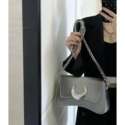 Y2K Silver Half-Moon Handbag – Women's Chain Shoulder Bag