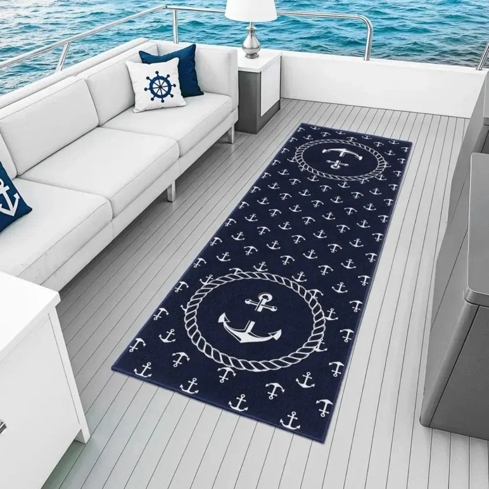 Nautical Anchor Runner Rug – Non-Slip Washable Outdoor Floor Mat