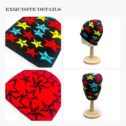 Star Print Beanie Hat – Unisex Hip Hop Knit Cap for Fall & Winter