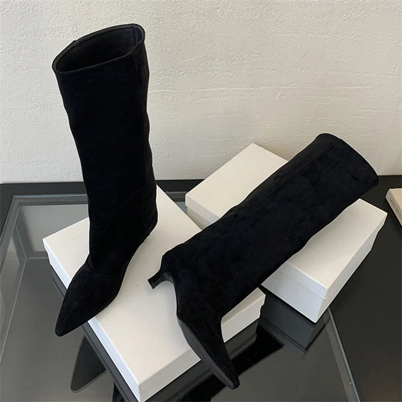 Eilyken Women Knee-High Boots – Pointed Toe Low Kitten Heel