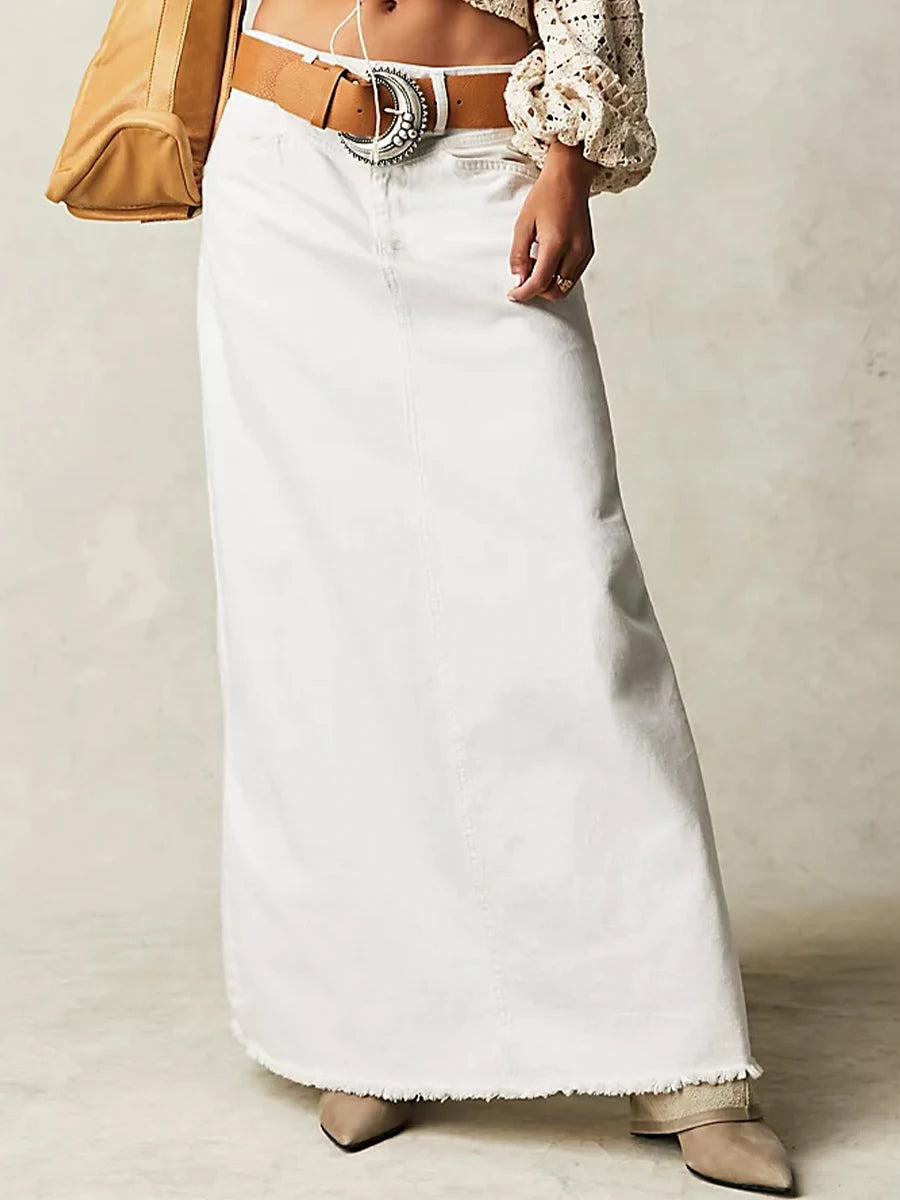 Y2K Vintage Denim Maxi Skirt – Women's A-Line Frayed Hem Long Jean Skirt