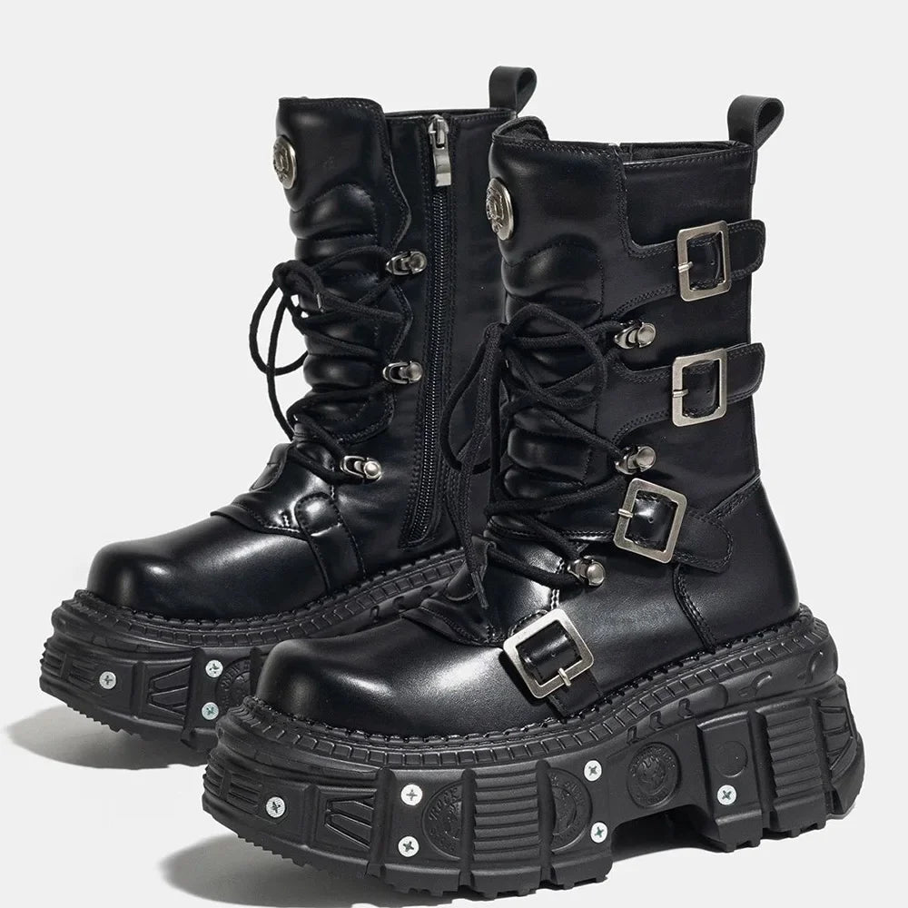 Punk Style Women Shoes Lace-Up Platform Woman Rock Boots Metal Decor Thick Bottom Street Shot Knight