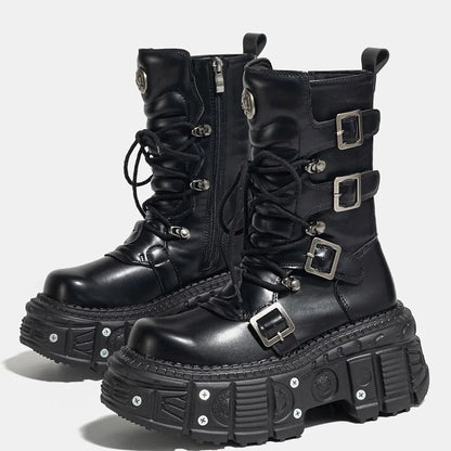 Punk Style Women Shoes Lace-Up Platform Woman Rock Boots Metal Decor Thick Bottom Street Shot Knight