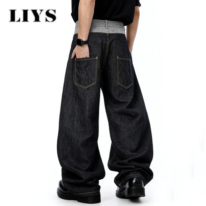 Liys Men S Retro Double Waist Design Baggy Wide Leg Jeans Street Denim Pants Gothic Loose Machete