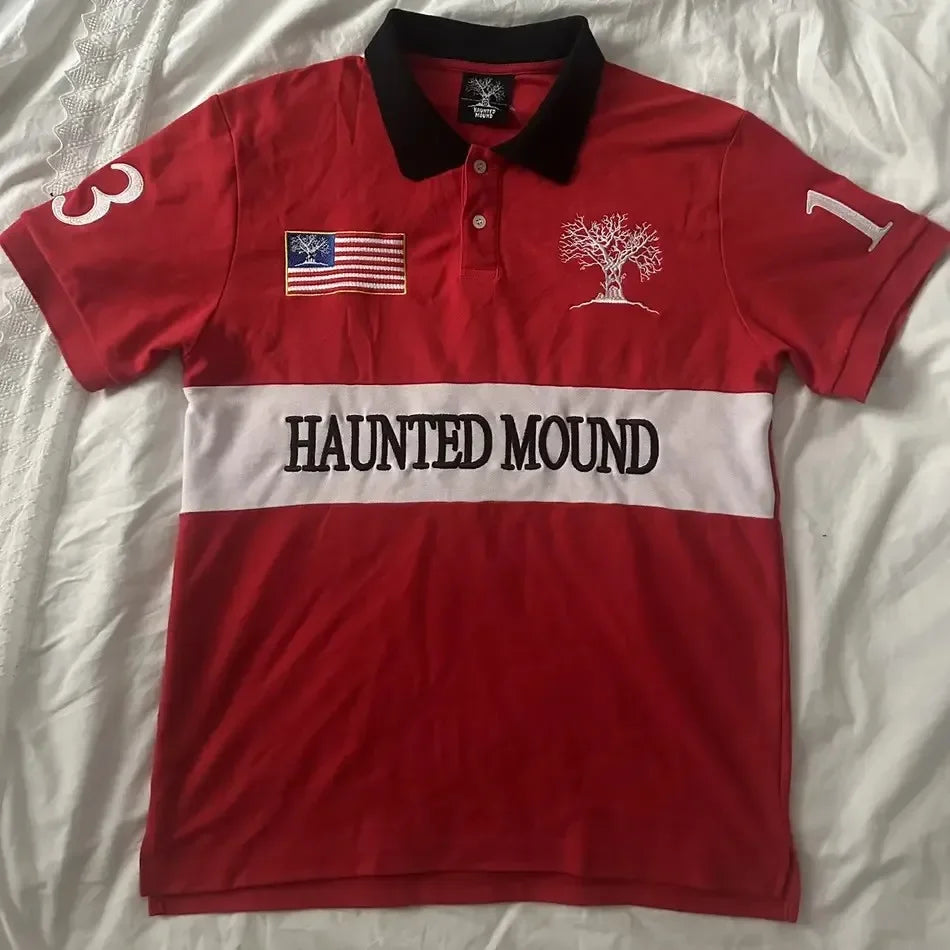 Haunted Mound Embroidered Oversized Polo Shirt – Hip Hop Retro
