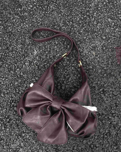 Korean Retro Bow Lace Tote Bag Women Brown Soft Leather Large Capacity