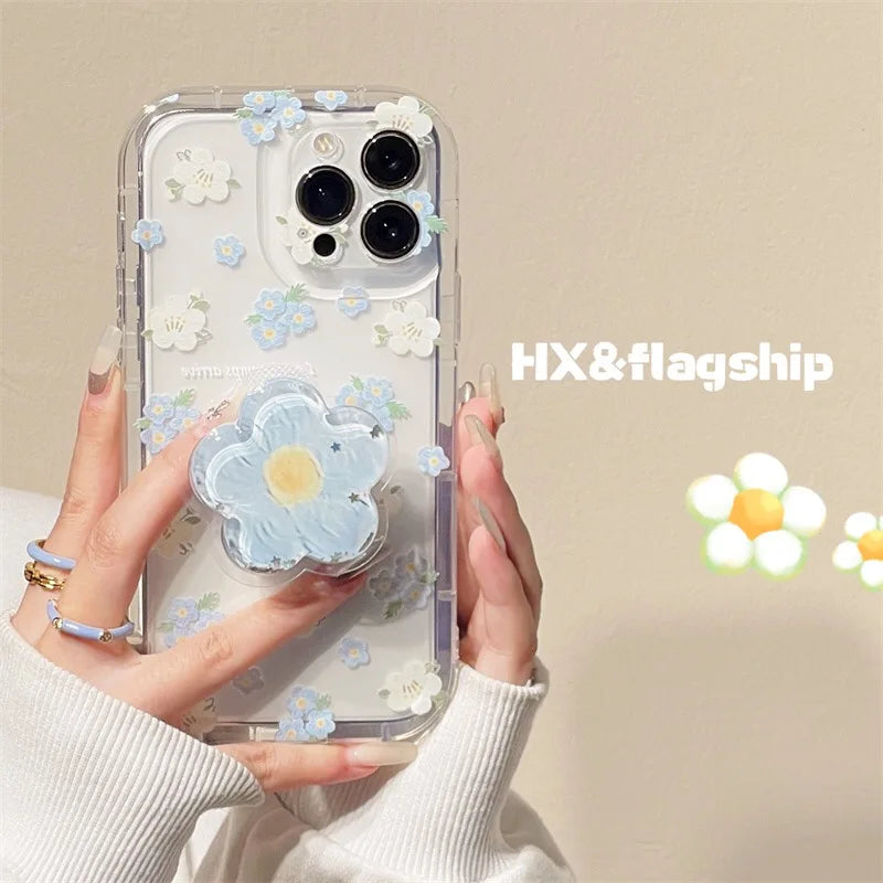 Flower Quicksand Grip Phone Case with Pop Holder – Clear Floral TPU Cover