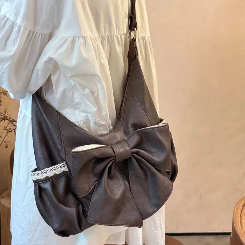 Korean Retro Bow Lace Tote Bag Women Brown Soft Leather Large Capacity