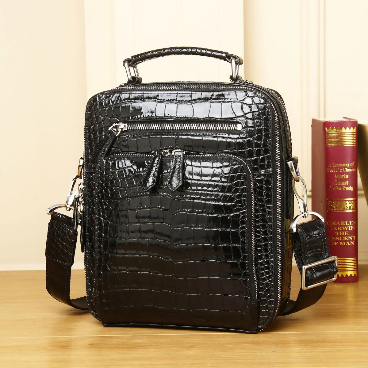 Genuine Leather Crocodile Pattern Men's Messenger Bag