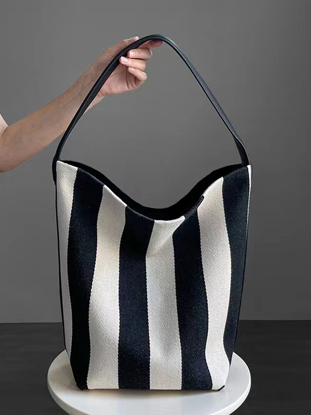Striped Canvas Bucket Commuter Tote Bag