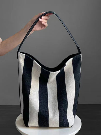 Striped Canvas Bucket Commuter Tote Bag