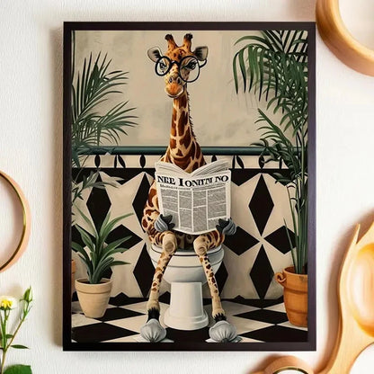 Giraffe Reading Newspaper Bathroom Wall Art Poster