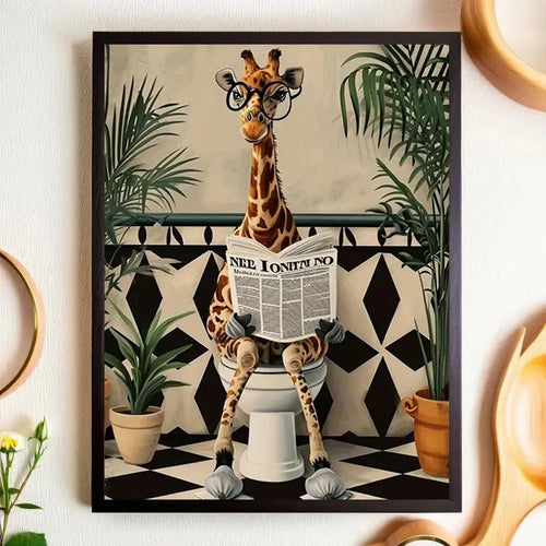 Giraffe Reading Newspaper Bathroom Wall Art Poster