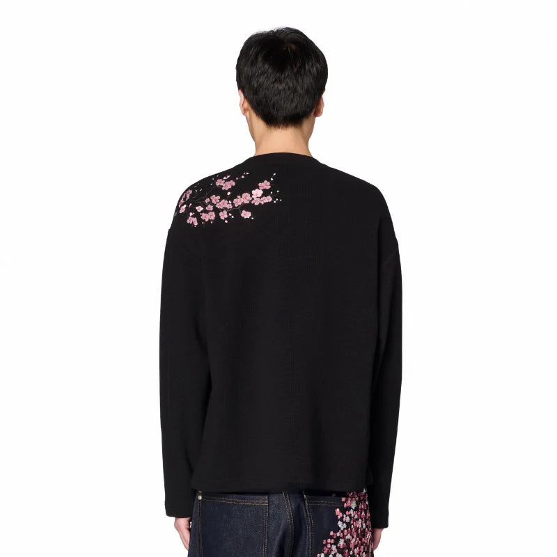 Cherry Blossom Embroidery Waffle Knit Long Sleeve T-Shirt