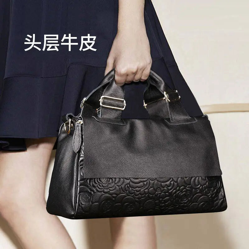 Floral Embossed Genuine Leather Handbag – Women's Shoulder Bag