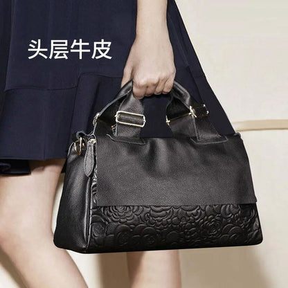 Floral Embossed Genuine Leather Handbag – Women's Shoulder Bag