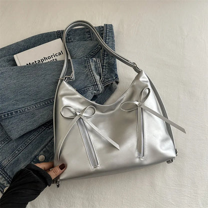 Silver Small Bow Pu Leather Shoulder Bags