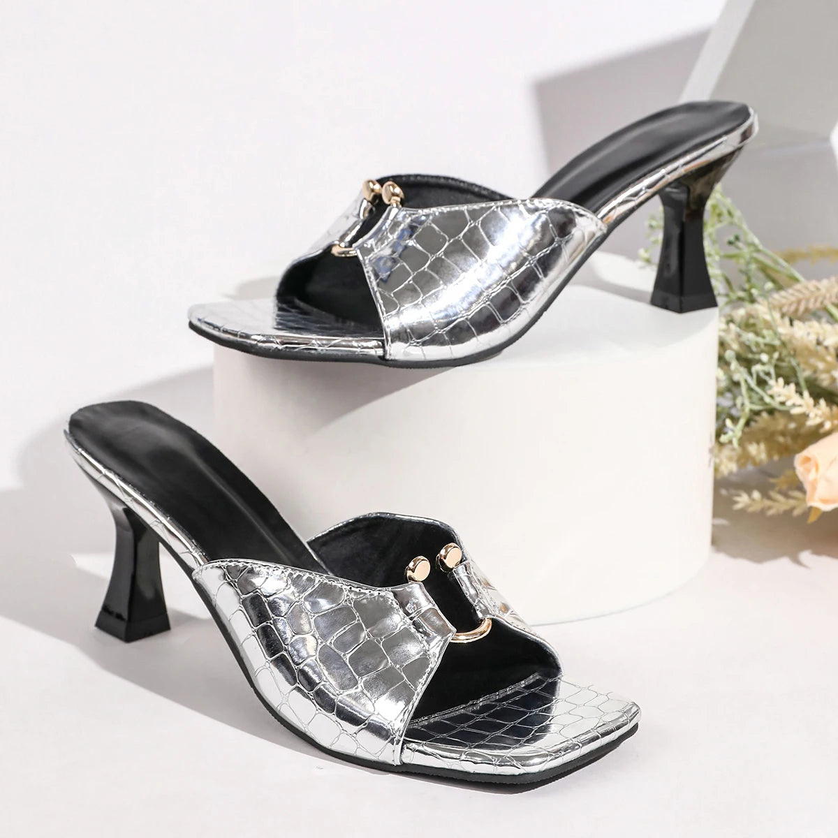 Metallic Croc Stiletto Heel Mule Sandals for Women