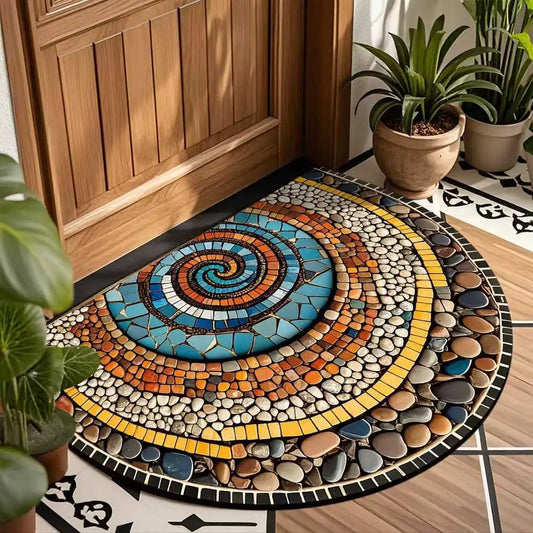Vintage Stone Mosaic Half-Circle Doormat – Non-Slip Indoor Outdoor Rug