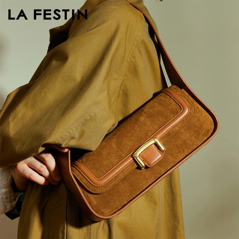 Suede Buckle Flap Shoulder Bag