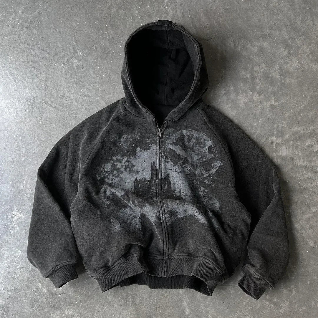 Gothic Punk Zip-Up Hoodie – Y2K Oversized Harajuku Streetwear