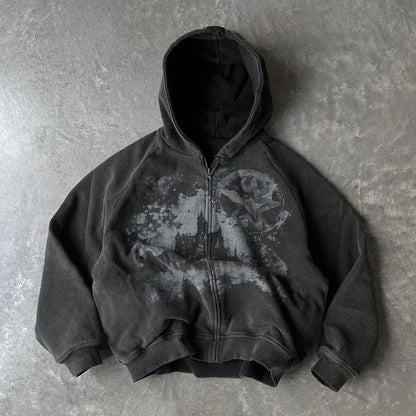 Gothic Punk Zip-Up Hoodie – Y2K Oversized Harajuku Streetwear