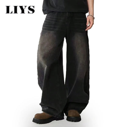 Liys Men S Hip Hop Anime Pattern Black Baggy Wide Leg Jeans American Trend Retro Gothic Woman