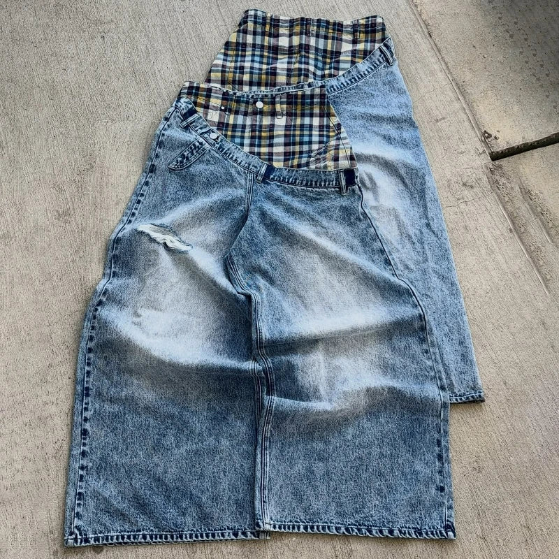 Y2K Plaid Patchwork Baggy Jeans – Retro Wide Leg Denim Pants