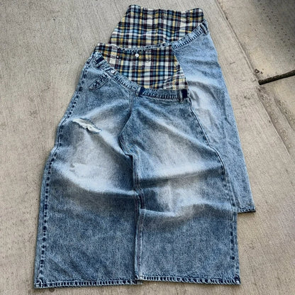 Y2K Plaid Patchwork Baggy Jeans – Retro Wide Leg Denim Pants