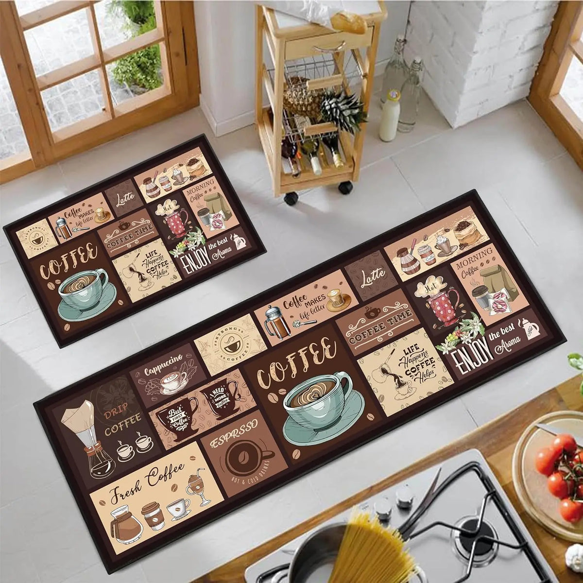2-Piece Boho Kitchen Rug Set – Stain-Resistant Floral Patchwork Mat