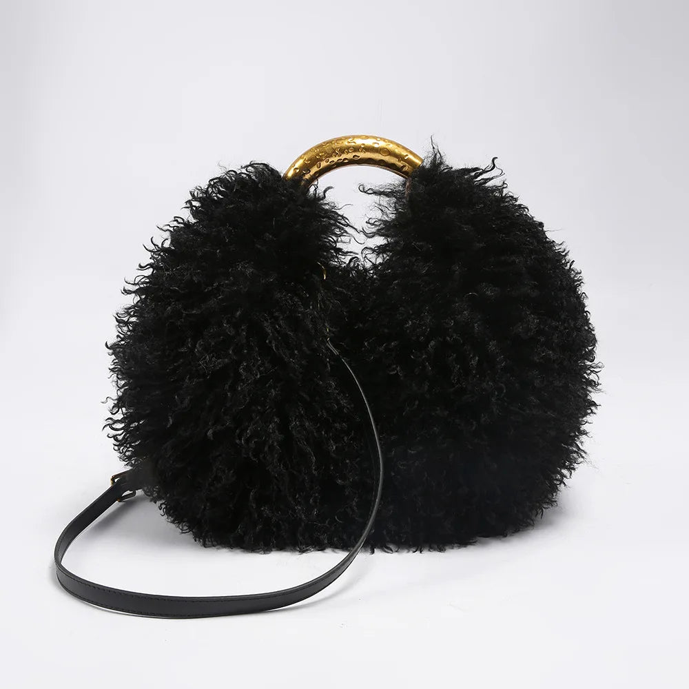 Faux Fur Shoulder Bag – Fluffy Round Handbag with Gold Handle