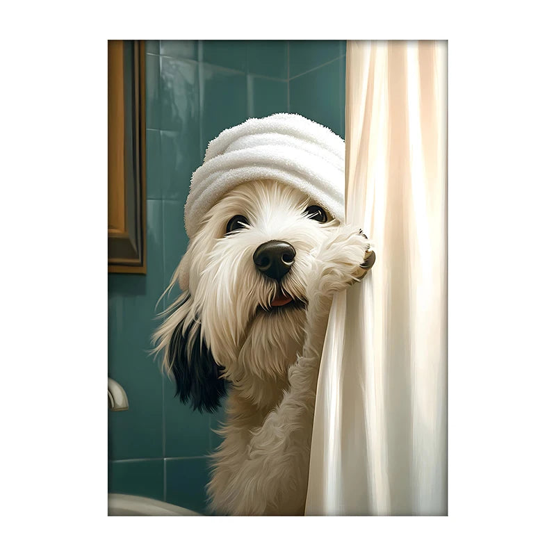 Funny Dog Bathroom Poster – Schnauzer in Bathrobe Wall Art Print