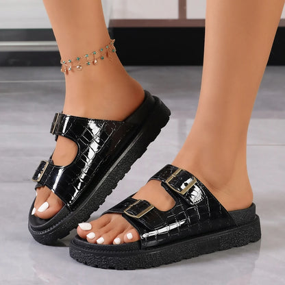 Women's Platform Sandals – Double Metal Buckle Thick Sole Slides