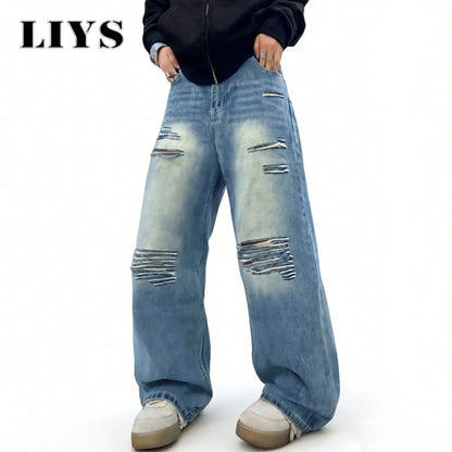 LIYS Baggy Wide Leg Ripped Jeans for Men – Blue Streetwear Denim