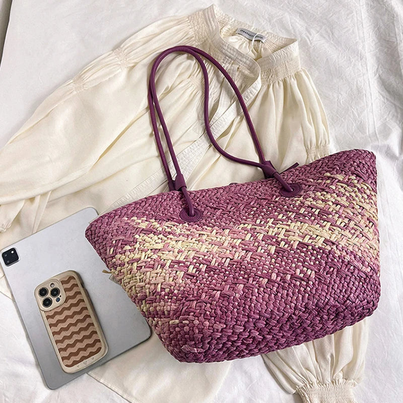 Colorful Straw Woven Beach Bag Large Capacity Underarm Basket Bag