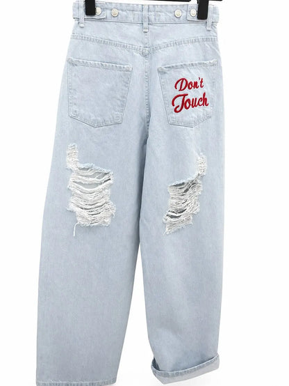 Y2K Floral Embroidered Wide Leg Jeans – Women's Retro Goth Streetwear Denim