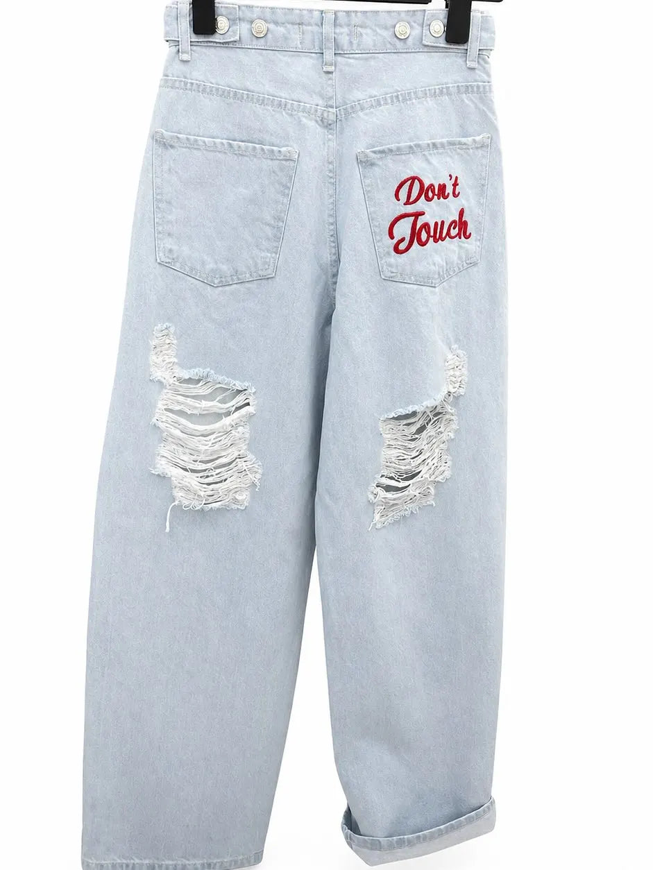 Ripped Wide Leg Jeans – Women's Y2K Hip Hop Streetwear Denim